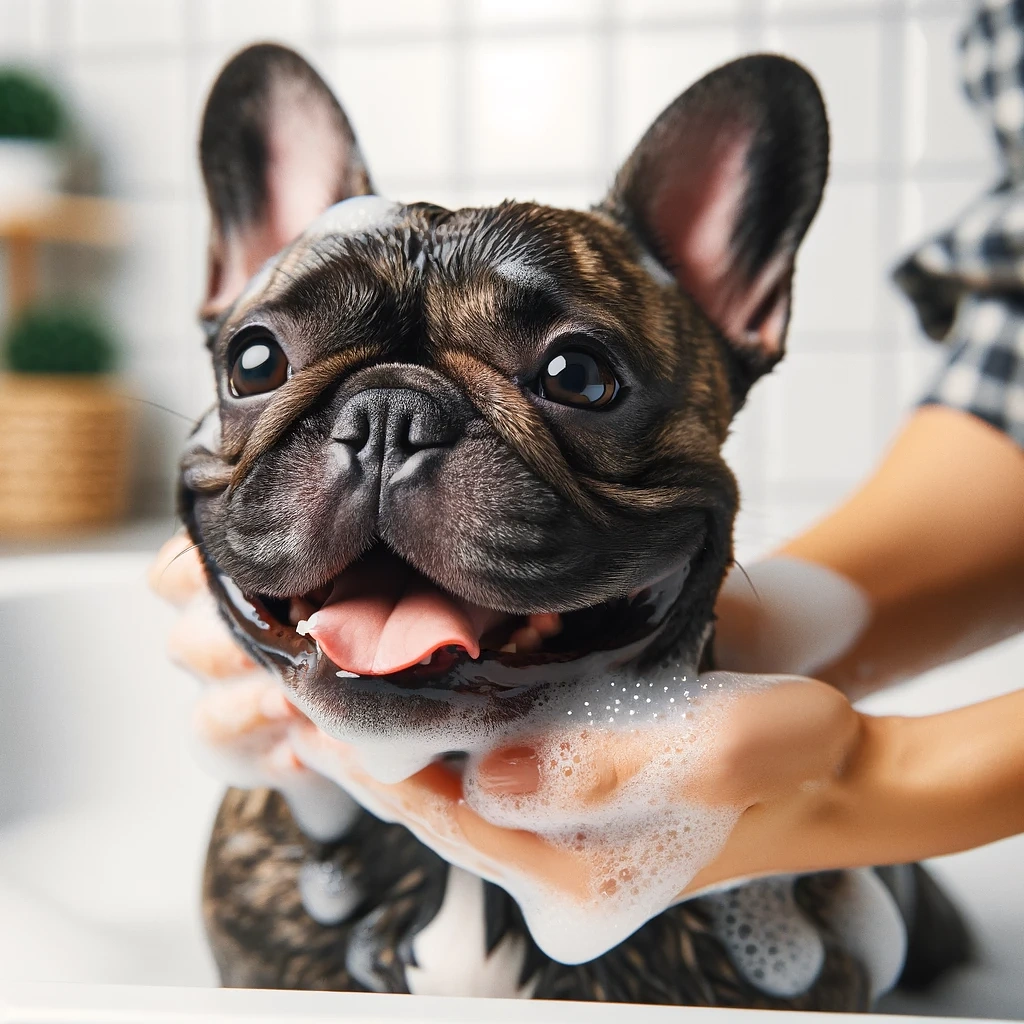 Close-up of a French Bulldog being bathed gently, showing a happy expression, with soap bubbles on its fur